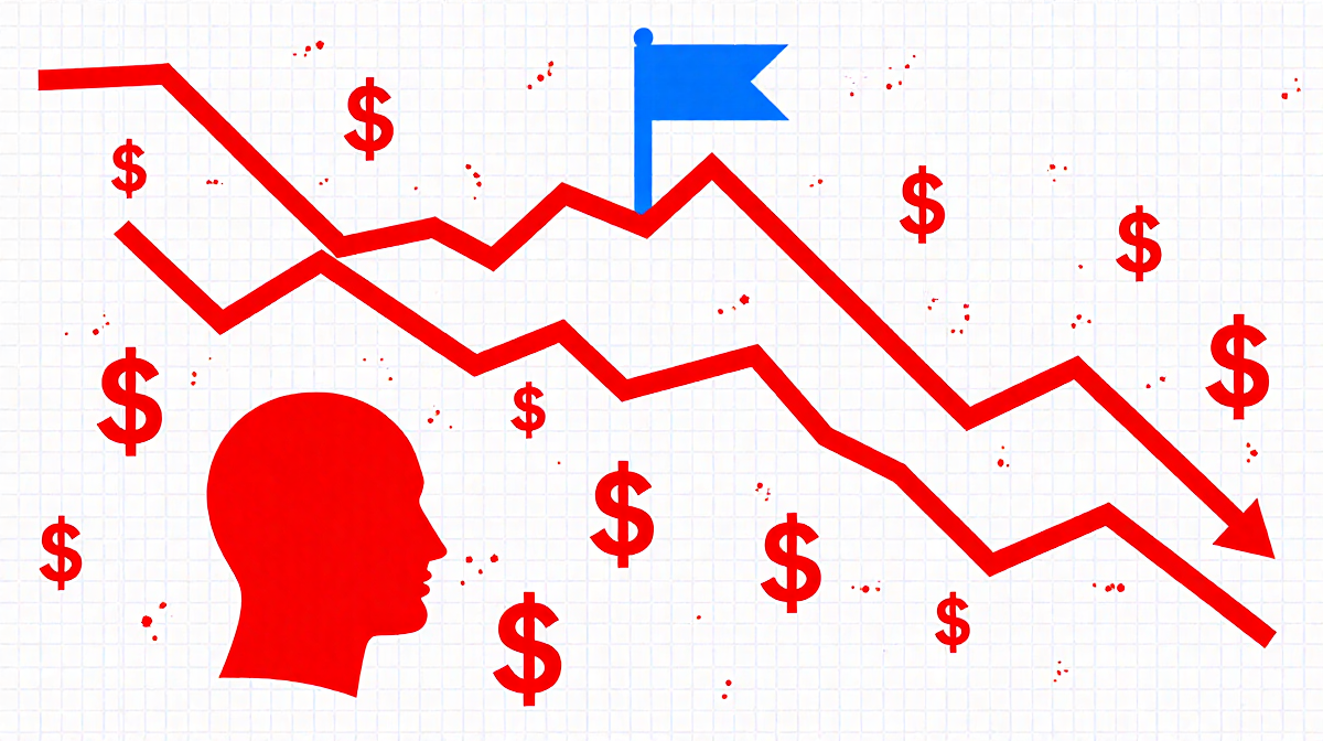 Bitcoin price graph showing a red declining trend line with a red head shape and a blue bear flag indicating reversal