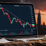 Bitcoin chart plunges toward $70000 with wooden desk in blues and greys and sunset background and market volatility.