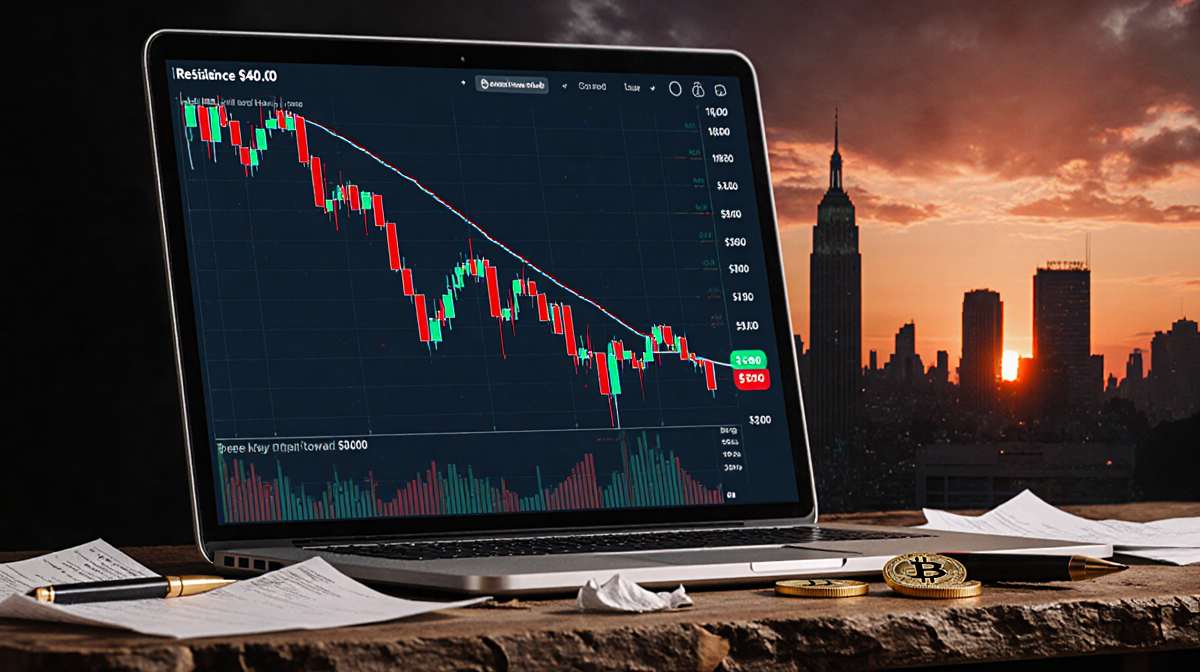 Bitcoin chart plunges toward $70000 with wooden desk in blues and greys and sunset background and market volatility.