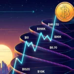 Bitcoin price staircase rises from $50K to $96.8K with neon spiral steps and sunset cityscape background