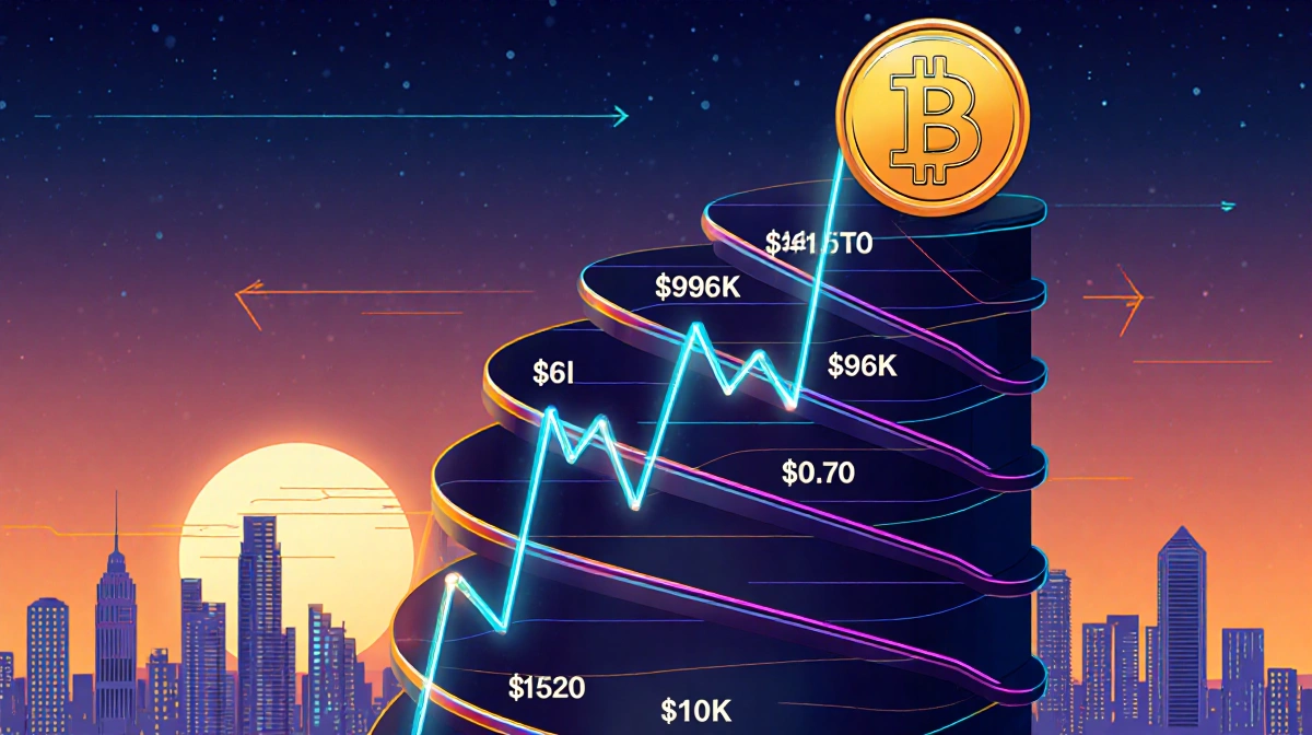Bitcoin price staircase rises from $50K to $96.8K with neon spiral steps and sunset cityscape background