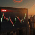 Bitcoin price chart flatlining at 92000 with red warning indicator and city skyline showing market uncertainty