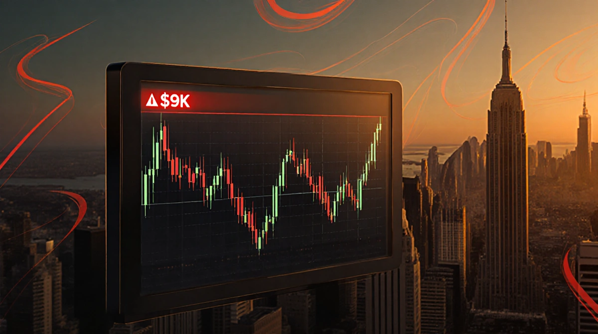 Bitcoin price chart flatlining at 92000 with red warning indicator and city skyline showing market uncertainty