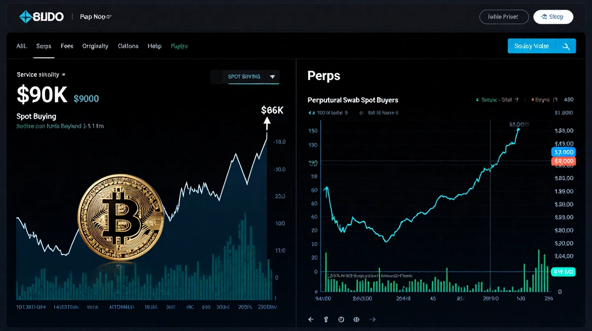 Bitcoin price jumping from 90K to 96K on trading screen with spot buying rising and perpetual swaps falling