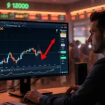 Crypto trader watching Bitcoin price surge past 98000 with red chart line and orange neon glow