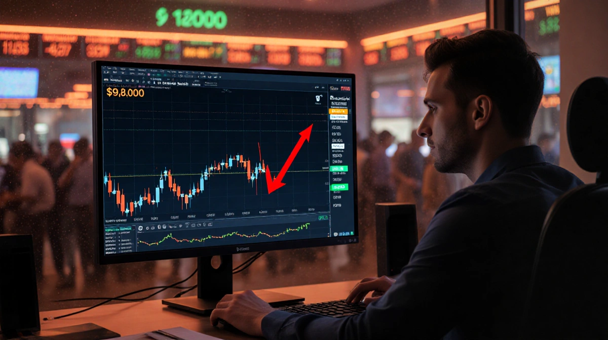 Crypto trader watching Bitcoin price surge past 98000 with red chart line and orange neon glow