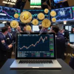 Trader celebrates Bitcoin price surge past 95000 with laptop showing crypto charts and excited crowd reacting