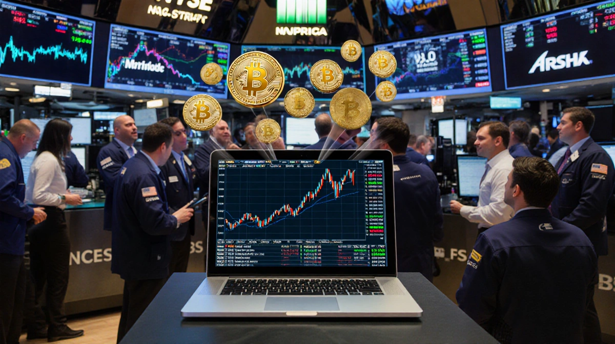 Trader celebrates Bitcoin price surge past 95000 with laptop showing crypto charts and excited crowd reacting