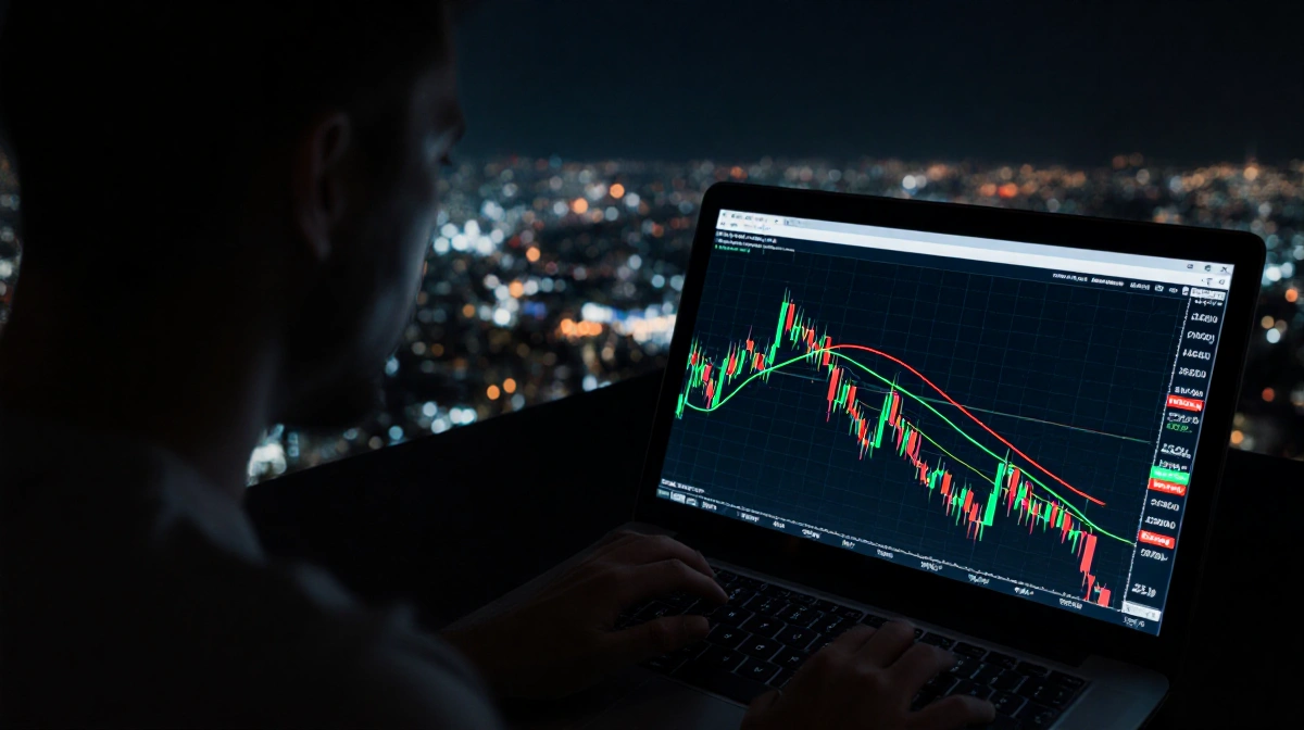 Bitcoin price chart shows red and green lines forming tight pattern with laptop shadow and city lights in background