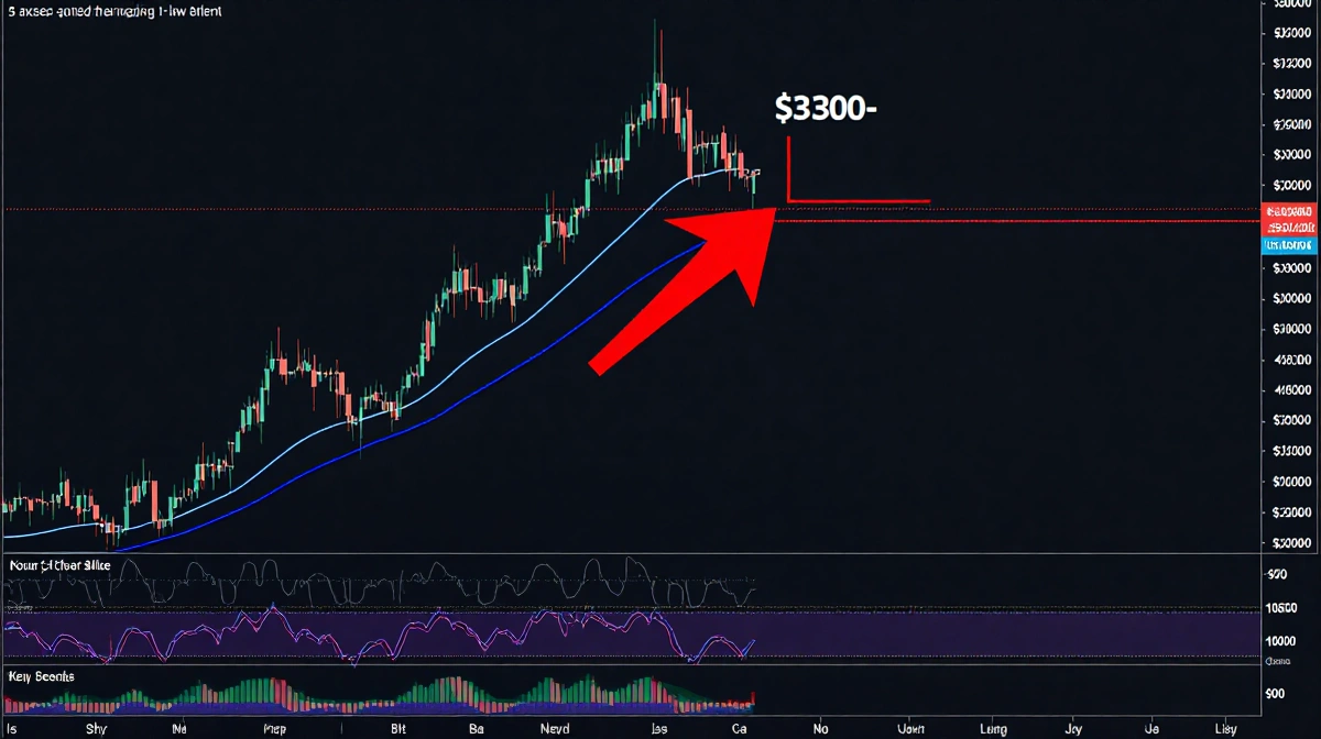 Red arrow pointing upward on 4-hour price chart showing Bitcoin breaking through $3300 resistance level with dashed blue line