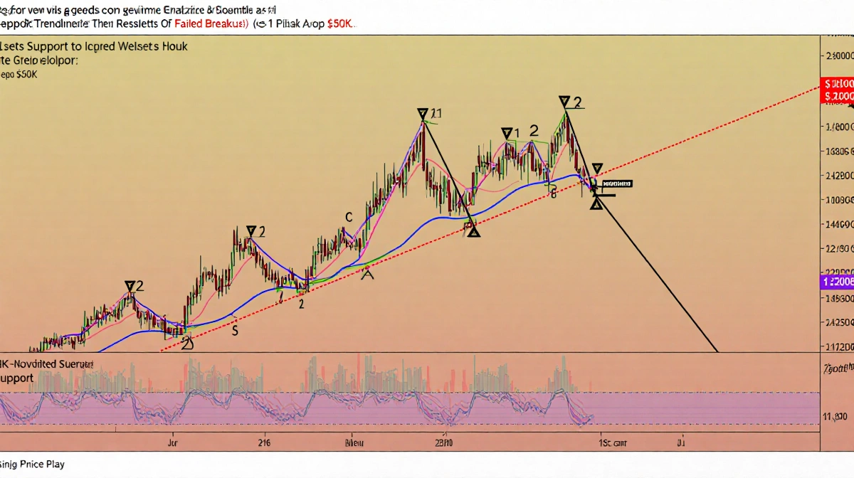 Bitcoin price line climbing along rising wedge trendline with inverted triangles marking failed breakouts near 95K