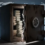 A gloved hand opens an old safe revealing Bitcoin mining rigs and cash with a world exchange map visible through the cracks