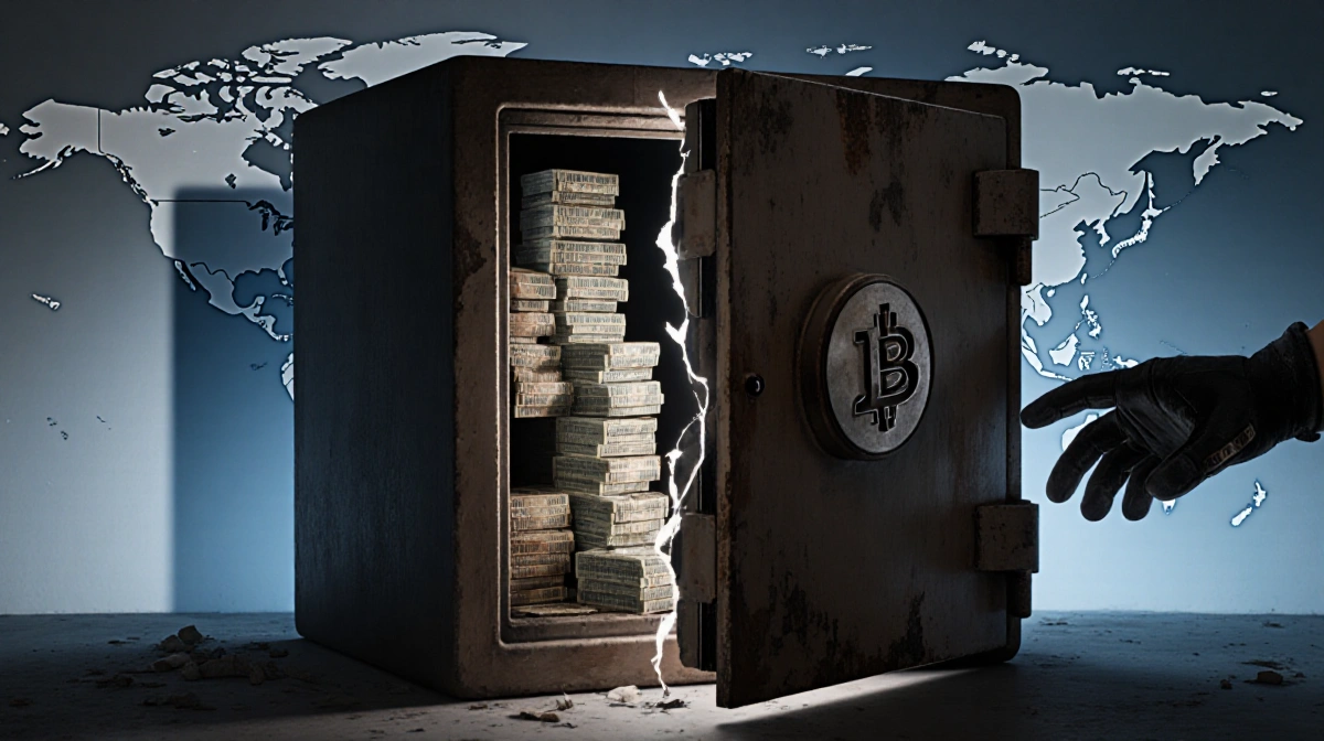 A gloved hand opens an old safe revealing Bitcoin mining rigs and cash with a world exchange map visible through the cracks