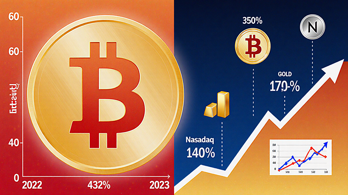 Chart shows Bitcoin growth with 429% rise and icons beside silver gold Nasdaq‑100 charts