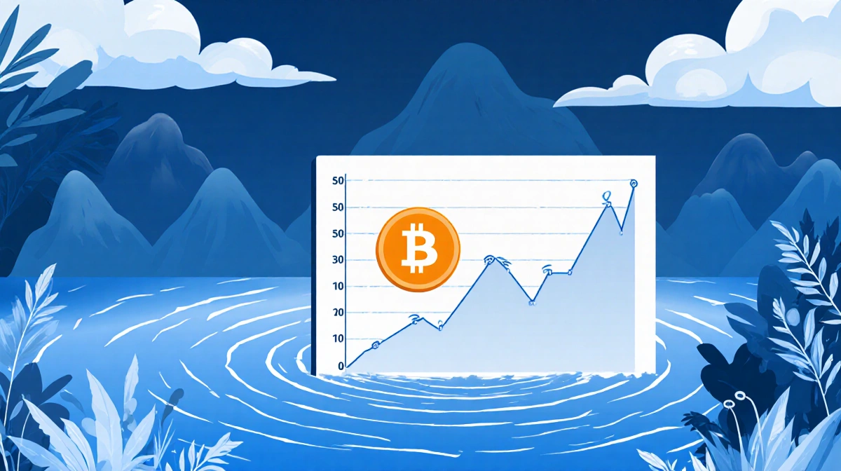 Bitcoin price chart showing flat line with gentle waves and soft clouds in blue and white