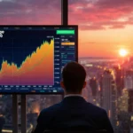 Trader watching Bitcoin price chart surge past 97000 with sunset cityscape glowing through windows and excitement on face