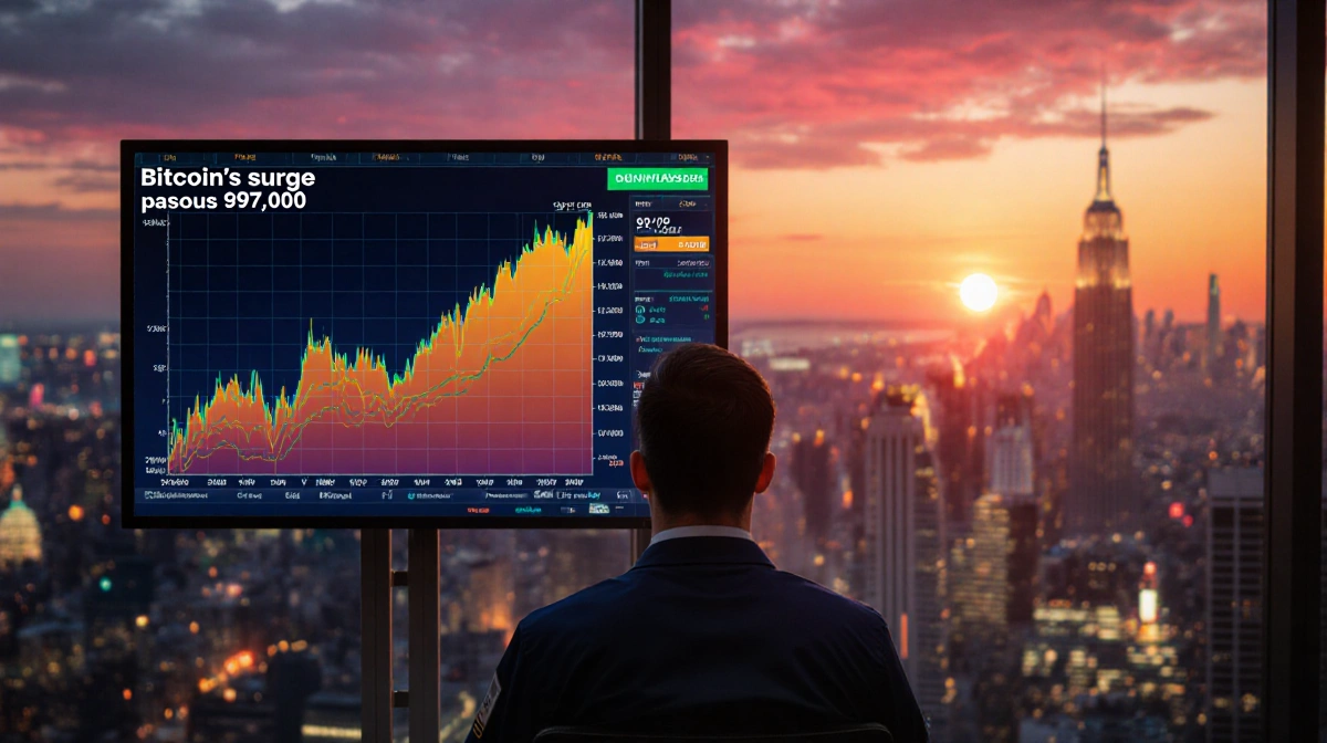Trader watching Bitcoin price chart surge past 97000 with sunset cityscape glowing through windows and excitement on face