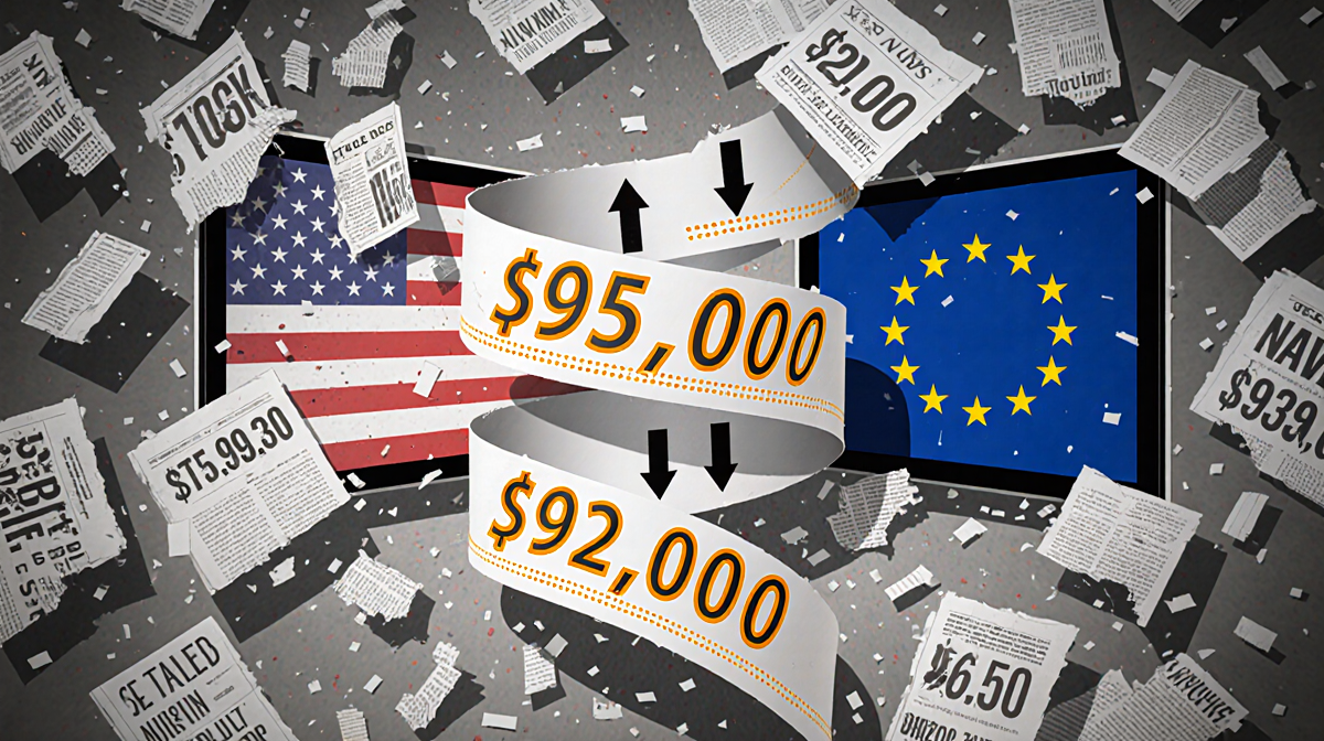 Ticker tape scrolling shows bitcoin price fall from $95,000 to $92,000 with torn papers and broken screens and US and EU flag