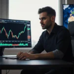 Calm cryptocurrency trader watching Bitcoin price chart at $97K with news ticker showing Iran and White House in background