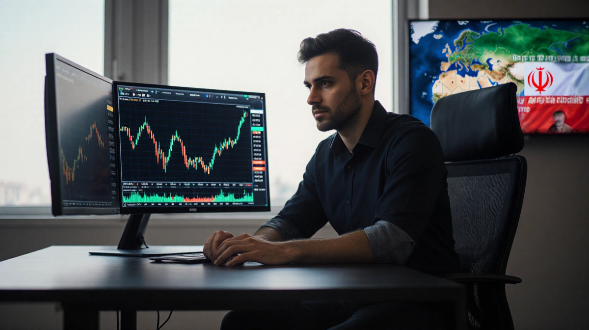 Calm cryptocurrency trader watching Bitcoin price chart at $97K with news ticker showing Iran and White House in background