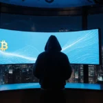 Silhouetted trader stands before glowing Bitcoin price chart with blue light waves and city skyline behind