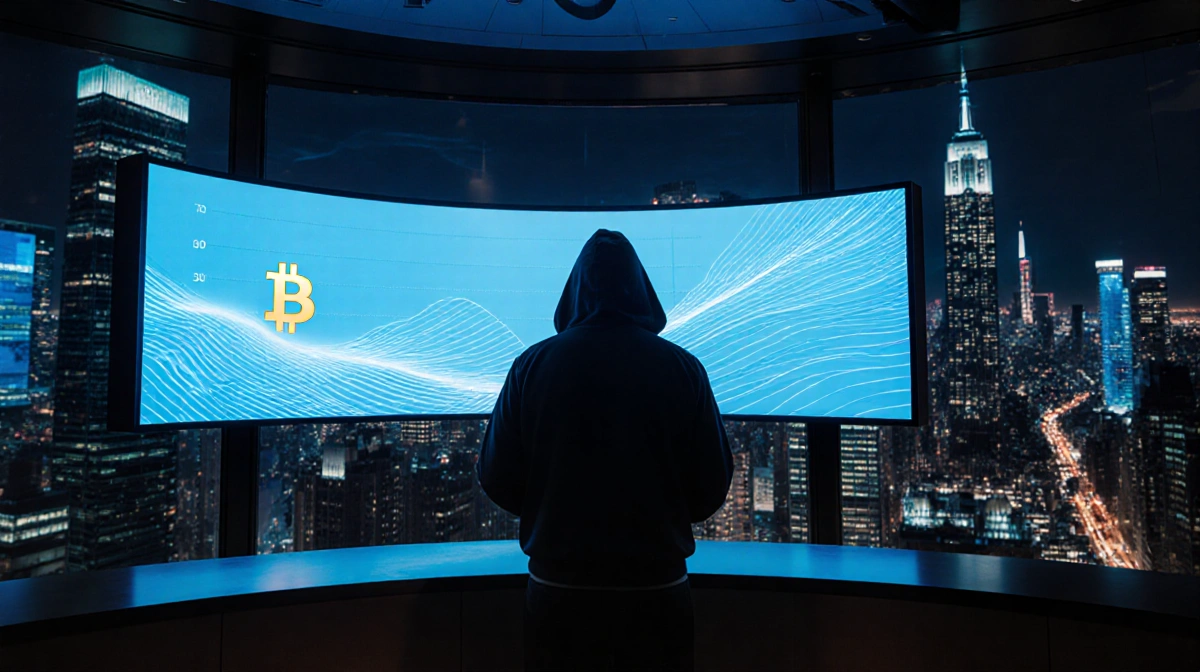 Silhouetted trader stands before glowing Bitcoin price chart with blue light waves and city skyline behind