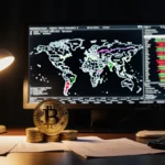 Trading desk glows with golden light from lamp showing Bitcoin stack and crypto price charts on screens
