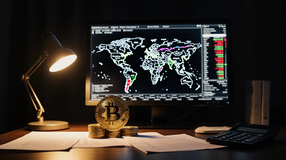 Trading desk glows with golden light from lamp showing Bitcoin stack and crypto price charts on screens