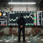 Hoodie figure standing anxious with hands clasped behind back under flickering fluorescent light above Bitcoin price chart