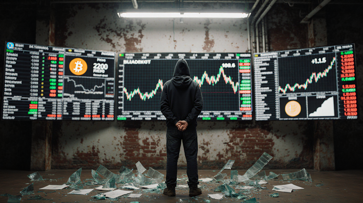 Hoodie figure standing anxious with hands clasped behind back under flickering fluorescent light above Bitcoin price chart