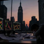 Trader slumps over desk with red and green Bitcoin candle charts on screens and NYSE silhouette in background