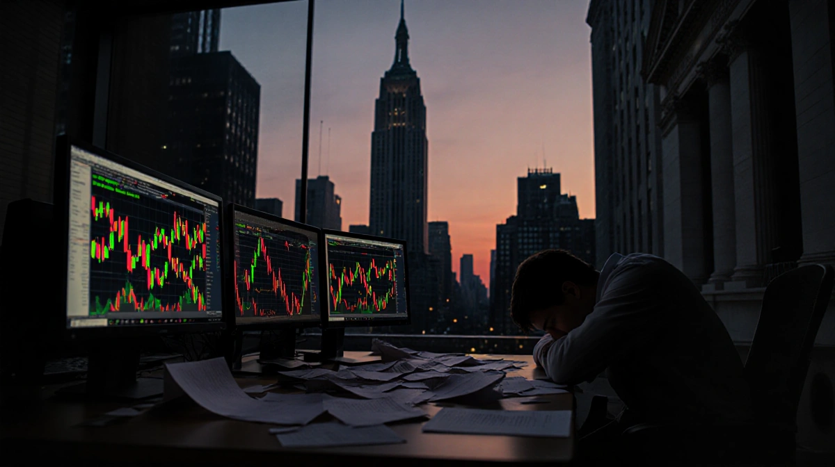 Trader slumps over desk with red and green Bitcoin candle charts on screens and NYSE silhouette in background