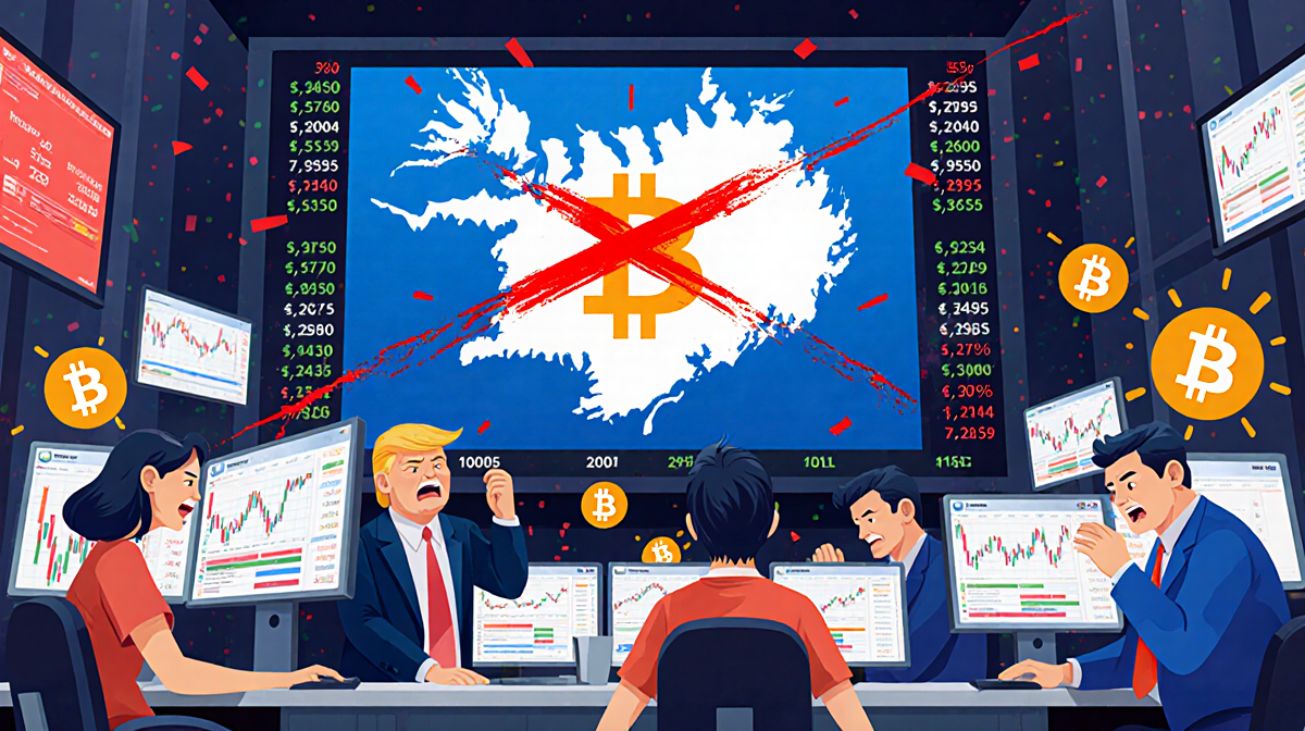 Investors stand in panic at desks with Bitcoin price drops and a red X on a Greenland map in the background