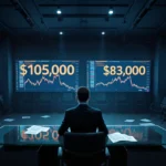 Trader studying Bitcoin price charts with glowing $105000 and $83000 levels on screens