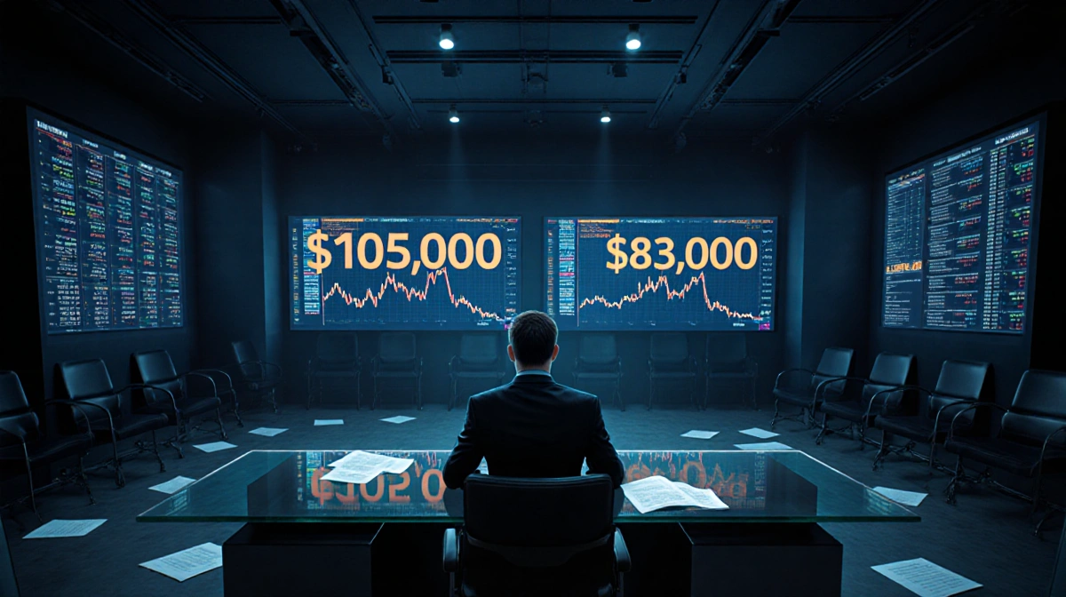Trader studying Bitcoin price charts with glowing $105000 and $83000 levels on screens