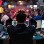 Trader clutching head in distress with Bitcoin charts plunging on screens and frenzied floor behind