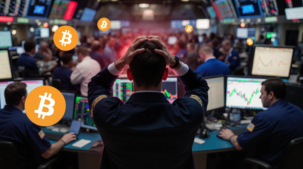 Trader clutching head in distress with Bitcoin charts plunging on screens and frenzied floor behind