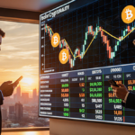 Investor watching volatile Bitcoin chart on giant screen with sunset lighting and tense atmosphere