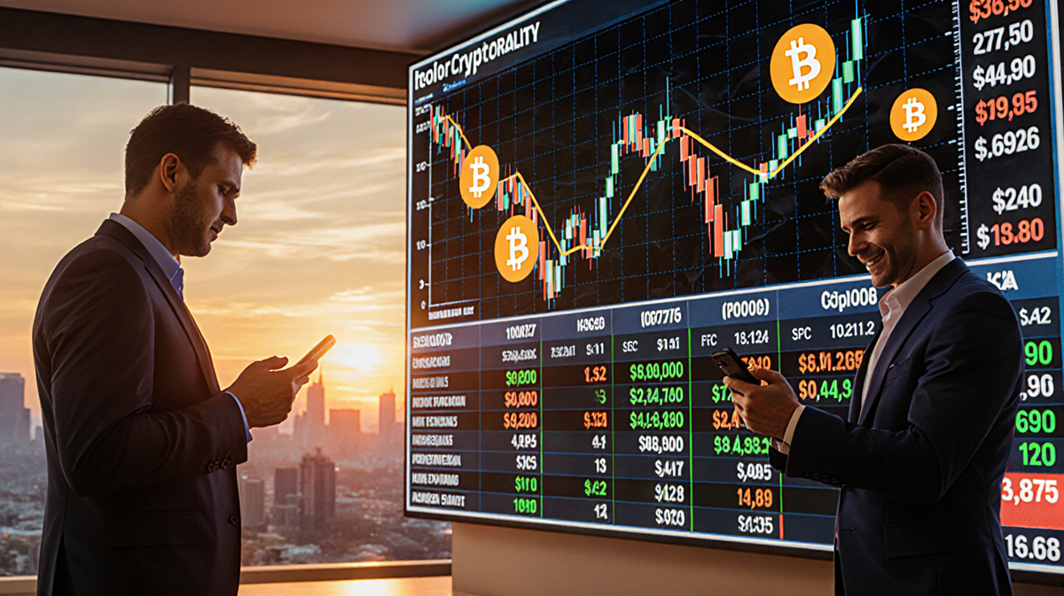 Investor watching volatile Bitcoin chart on giant screen with sunset lighting and tense atmosphere