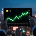 Hands hovering over Bitcoin trading screen with green glow at 92K and city skyline at dusk