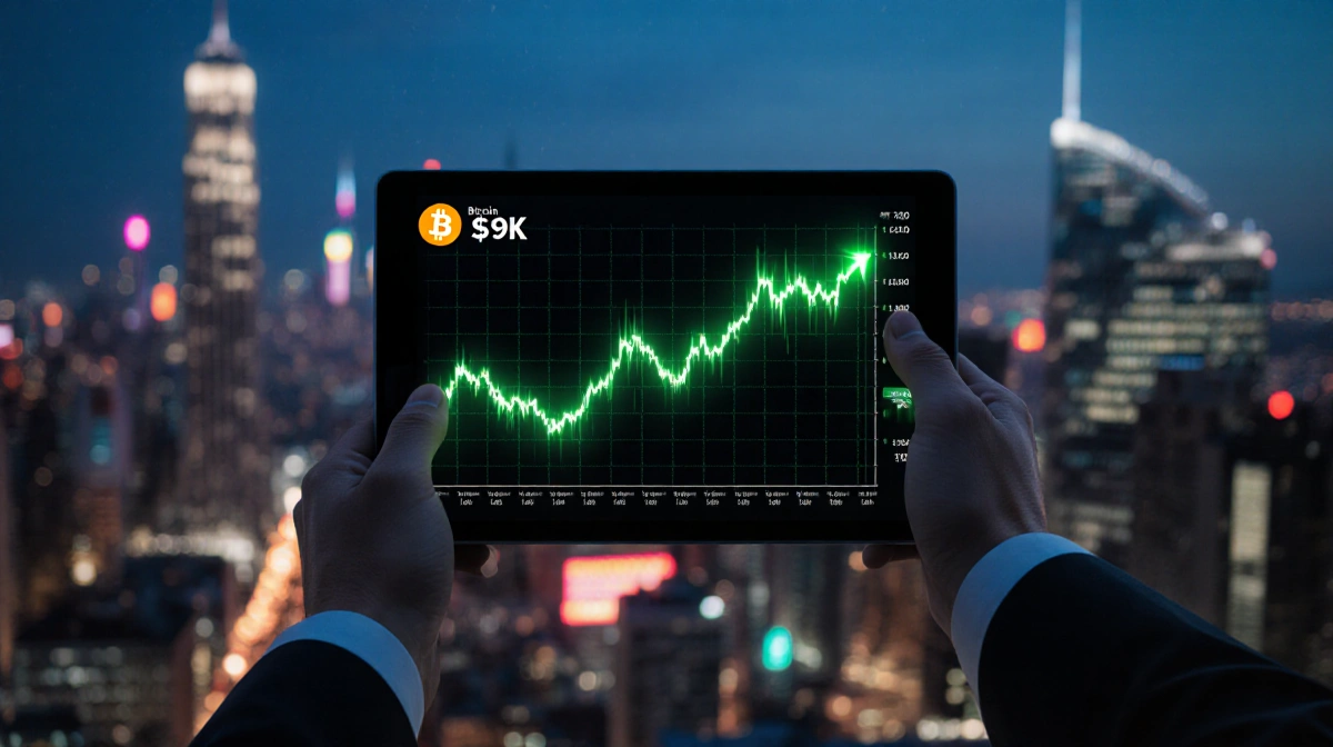 Hands hovering over Bitcoin trading screen with green glow at 92K and city skyline at dusk