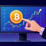 Hand hesitates over Bitcoin trading screen showing volatile price chart with dark gradient background