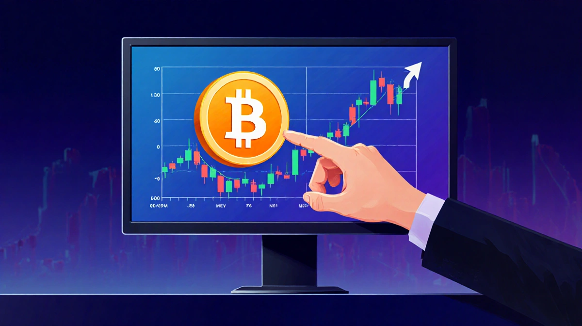 Hand hesitates over Bitcoin trading screen showing volatile price chart with dark gradient background