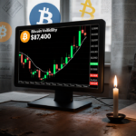 Bitcoin price chart flickers on a worn wooden desk with a candle flame casting eerie shadows and a $87,800 ticker glowing