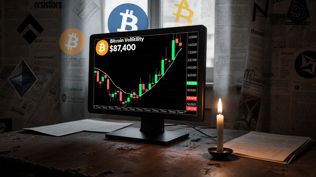 Bitcoin price chart flickers on a worn wooden desk with a candle flame casting eerie shadows and a $87,800 ticker glowing