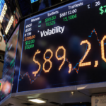 Bitcoin ticker flashes $89,200 on trading floor with blurred market tape reflecting volatility