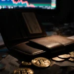Open Bitcoin wallet spills coins onto cluttered desk with declining price chart glowing on background screen