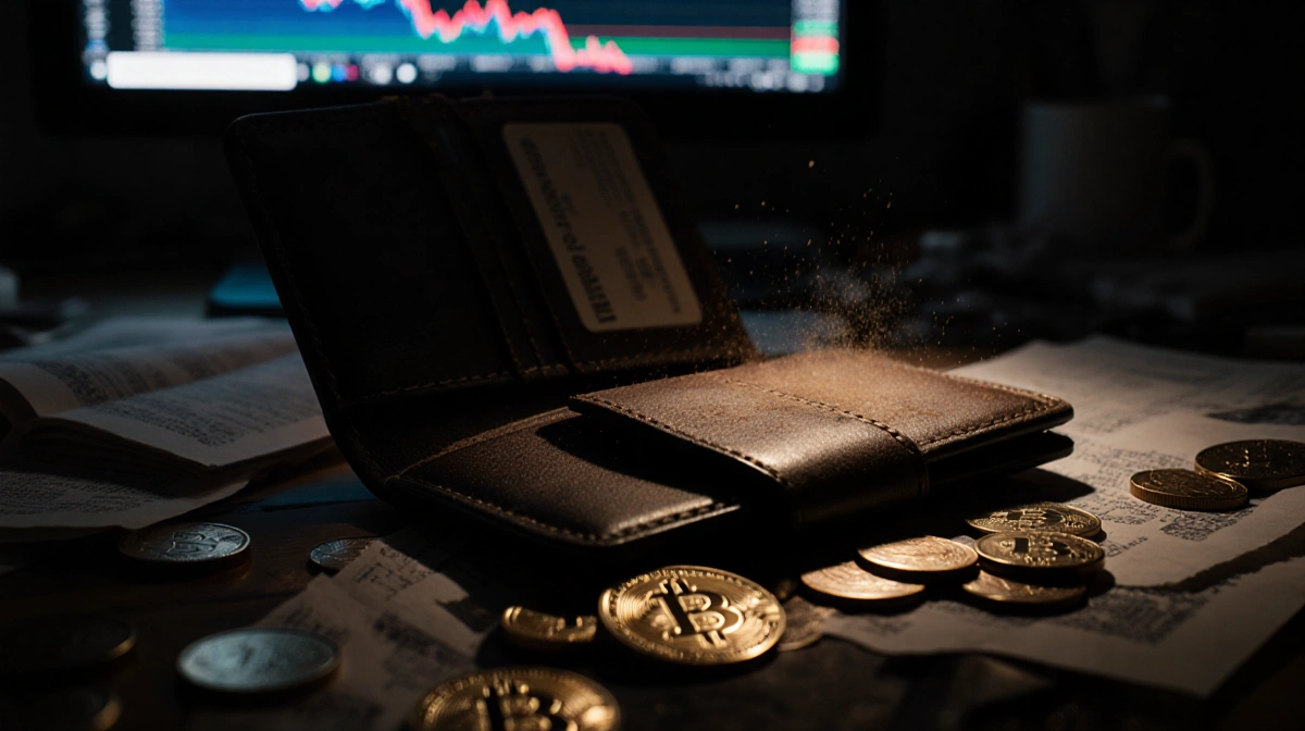 Open Bitcoin wallet spills coins onto cluttered desk with declining price chart glowing on background screen