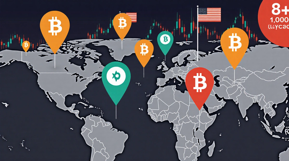 Colored markers scatter across world map showing Bitcoin whale exodus with financial charts and red warning tones
