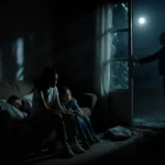 Young mother sitting distressed on couch with sleeping children nearby and shadowy figure behind her